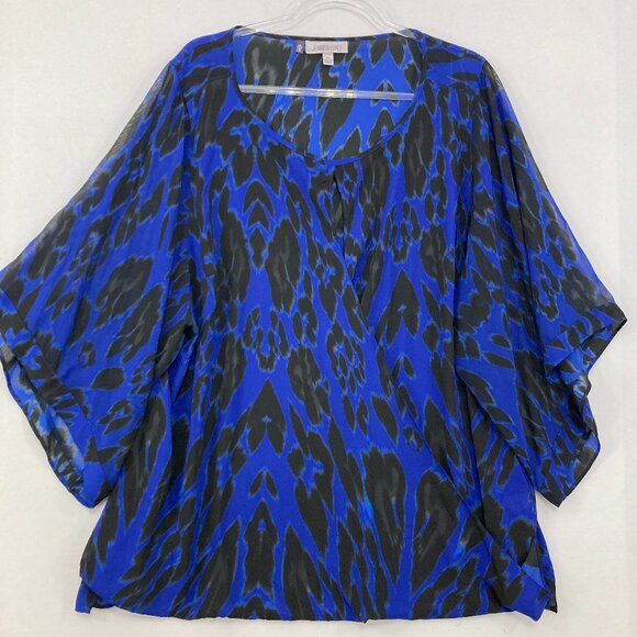 Jennifer Lopez 2X Black Blue Abstract Key Hole Flare Sleeve Relaxed Top Vacation - Picture 1 of 10